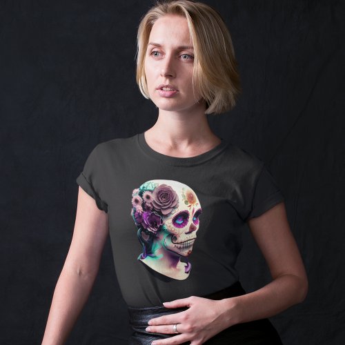 Half Dead Skull Bust_Day of the Dead Ladies Skull  T_Shirt