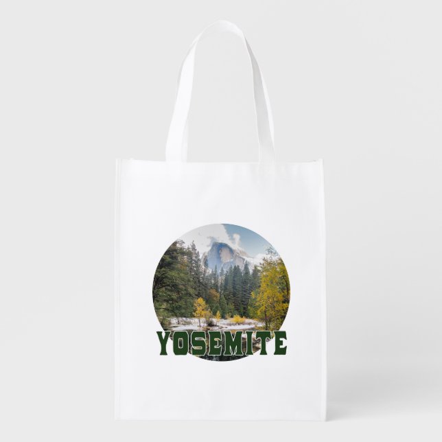 Half Dome in Autumn, with "Yosemite" text Grocery Bag (Front)