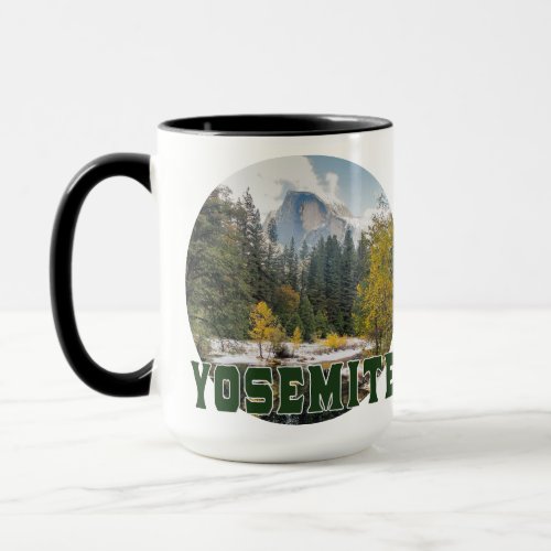 Half Dome in Autumn with Yosemite text Mug