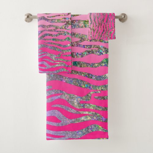 Half Glitter Pink Tiger Print Bath Towel Set