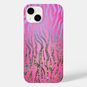 Half Glitter Pink Tiger Print Case-Mate iPhone 14 Case