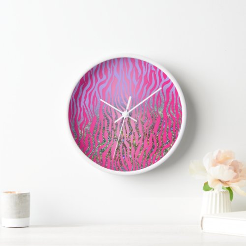 Half Glitter Pink Tiger Print Clock