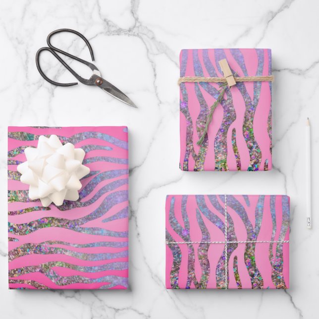 Half Glitter Pink Tiger Print Wrapping Paper Sheets (Front)