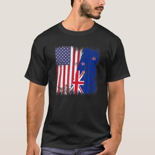 Half Kiwi Flag  Vintage New Zealand USA Gift T_Shirt