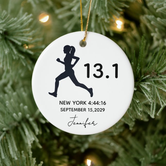 Half Marathon 13.1 Female Runner Custom Name Ceramic Ornament (Tree)