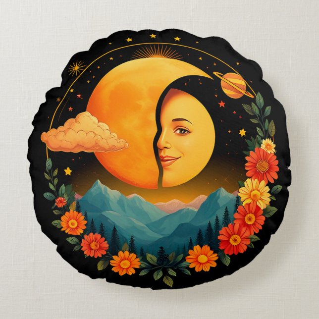 Half-Moon Artwork with Mountains, Sunflowers Round Pillow (Front)