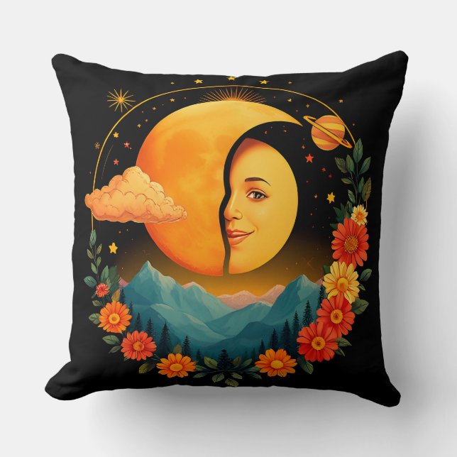 Half-Moon Artwork with Mountains, Sunflowers Throw Pillow (Front)
