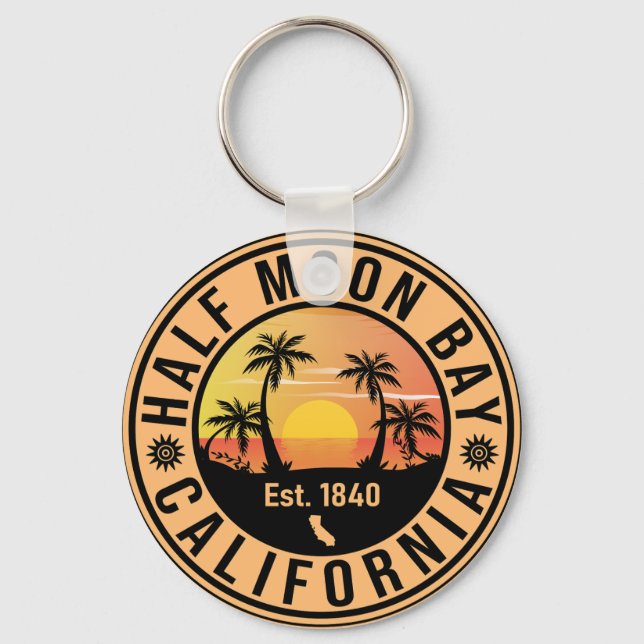 Half Moon Bay California Retro Sunset Souvenirs Keychain (Front)