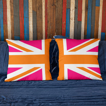 Half Pink And Orange Union Jack Throw Pillow by pinkgifts4you at Zazzle