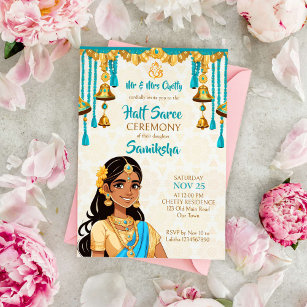 Half Saree ceremony cute Indian girl bue and gold Invitation