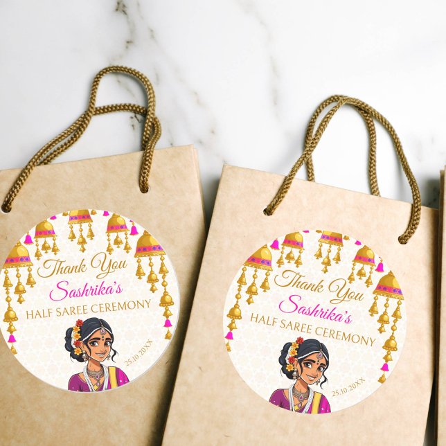 Half Saree ceremony cute Indian girl favor gift Classic Round Sticker (Half saree ceremony favor gift thank you stickers cute Indian girl in a sari cerise and gold bells)
