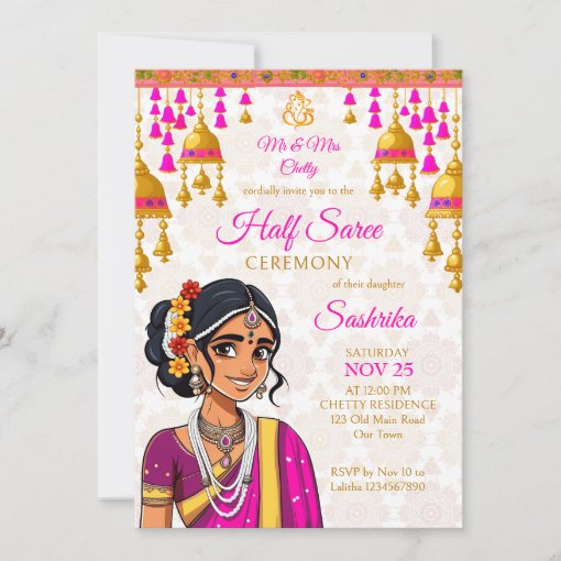 Half Saree ceremony cute Indian girl gold bells Invitation | Zazzle