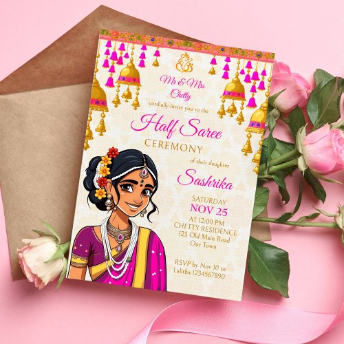 Half Saree ceremony cute Indian girl gold bells  Invitation