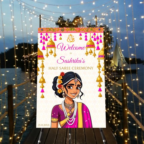 Half Saree ceremony cute Indian girl welcome sign