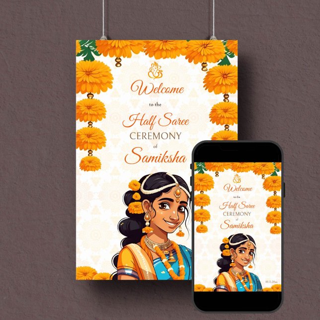 Half Saree ceremony cute Indian girl welcome sign (Half saree ceremony welcome sign poster instant download cute Indian girl in sari with marigolds)