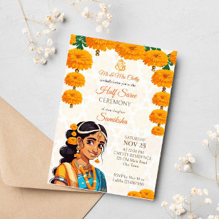Half Saree ceremony cute Indian girl with marigold Invitation