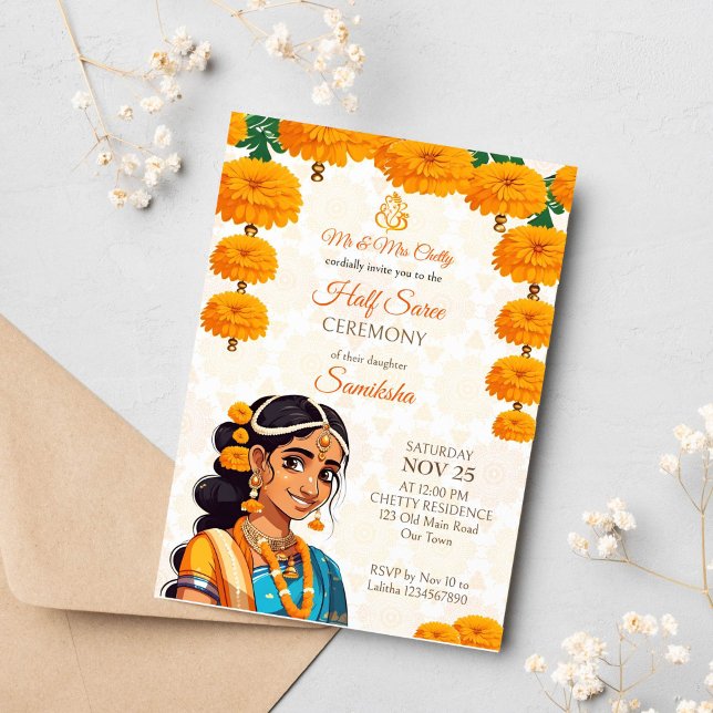 Half Saree ceremony cute Indian girl with marigold Invitation (Half saree ceremony template invitation instant download cute Indian girl in traditional clothes)