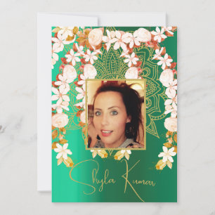 Half Saree Ceremony Hindu Floral Garland Green Invitation