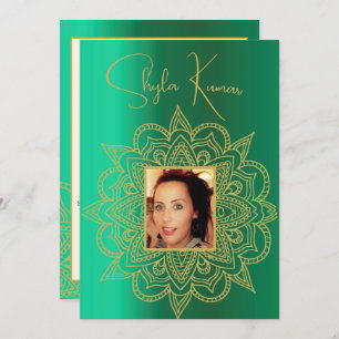 Half Saree Ceremony Hindu Indian Green Gold Invitation