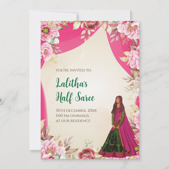 Half Saree ceremony invitation as Half saree cards (Front)