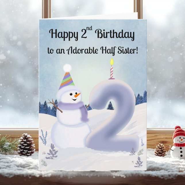 Half Sister Happy 2nd Birthday Snowman Building Card (Creator Uploaded)