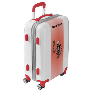 Half Skeleton Holding Red Rose on Stem Red Pink Luggage