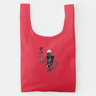Half Skeleton Holding Red Rose on Stem Reusable Bag