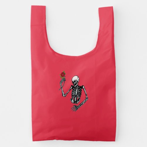 Half Skeleton Holding Red Rose on Stem Reusable Bag