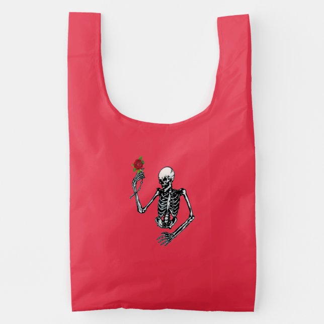 Half Skeleton Holding Red Rose on Stem Reusable Bag (Front)