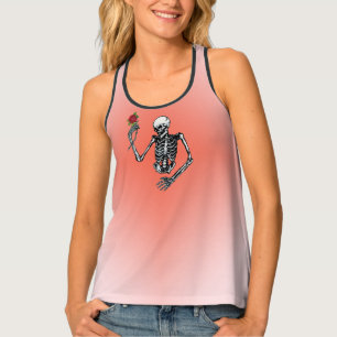 Half Skeleton Holding Single Red Rose on Stem Pink Tank Top