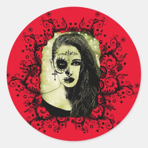 Half Skull Girl Face Day Of The Dead goth art   Classic Round Sticker