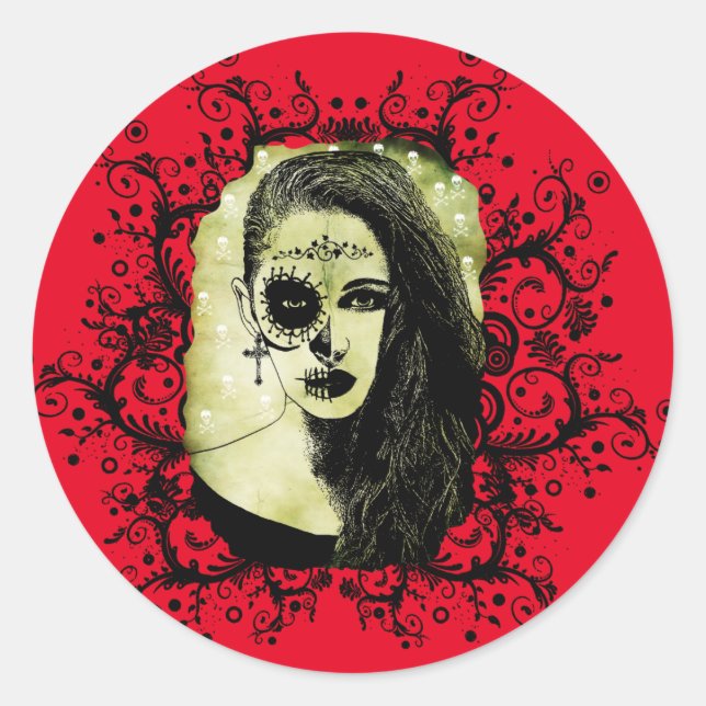Half Skull Girl Face Day Of The Dead goth art   Classic Round Sticker (Front)