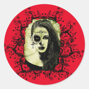 Half Skull Girl Face Day Of The Dead goth art Classic Round Sticker