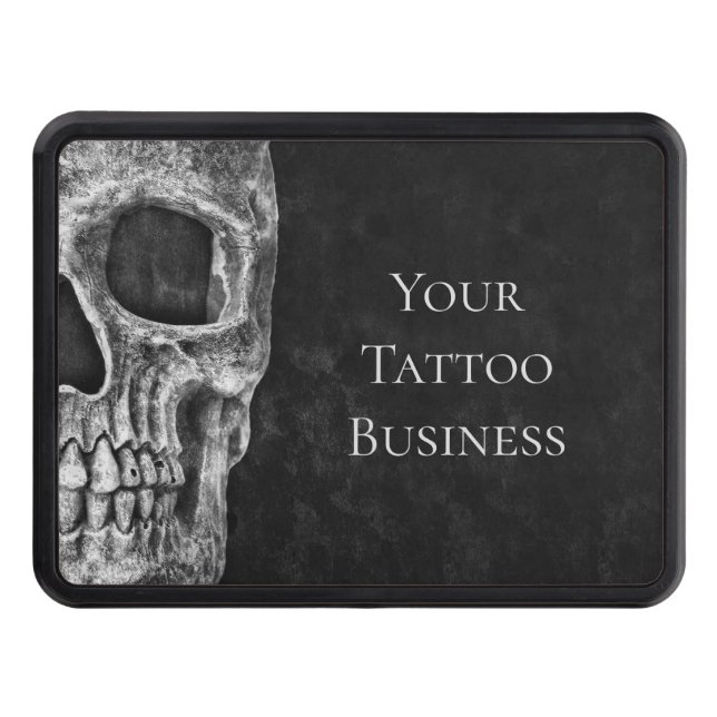 Half Skull Head Gothic Black And White Tattoo Shop Hitch Cover (Front)