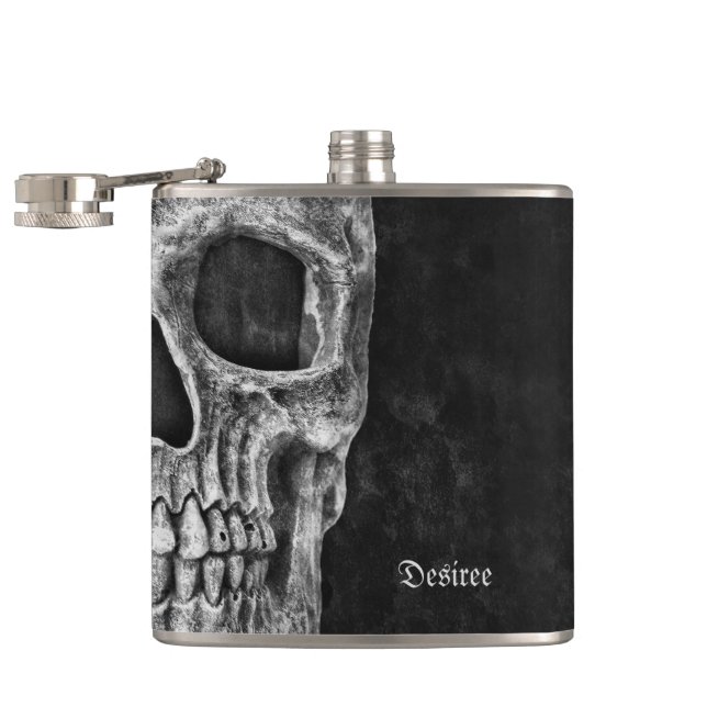 Half Skull Head Gothic Cool Black And White Grunge Flask (Opened)