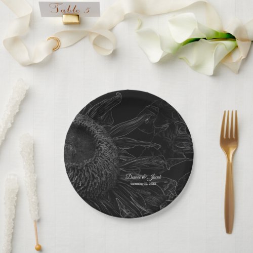 Half Sunflower Black And White Floral Art Elegant Paper Plates