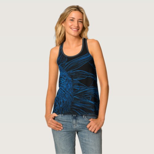 Half Sunflower Blue Black Sketch Floral Art Tank Top