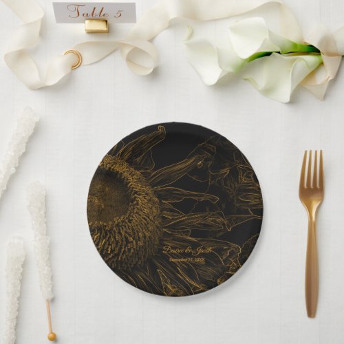 Half Sunflower Gold Black Floral Art Elegant Paper Plates
