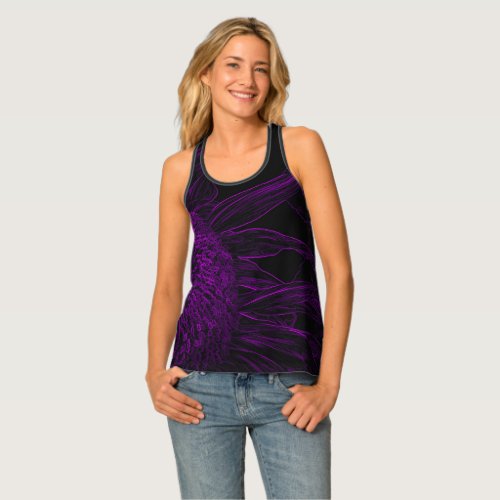 Half Sunflower Purple Black Sketch Floral Art Tank Top