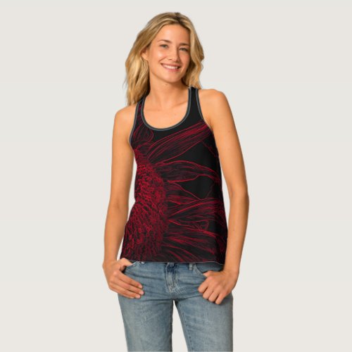 Half Sunflower Red Black Sketch Floral Art Tank Top