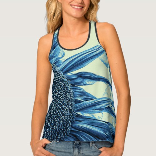 Half Sunflower Vintage Art Blue Green Design Tank Top