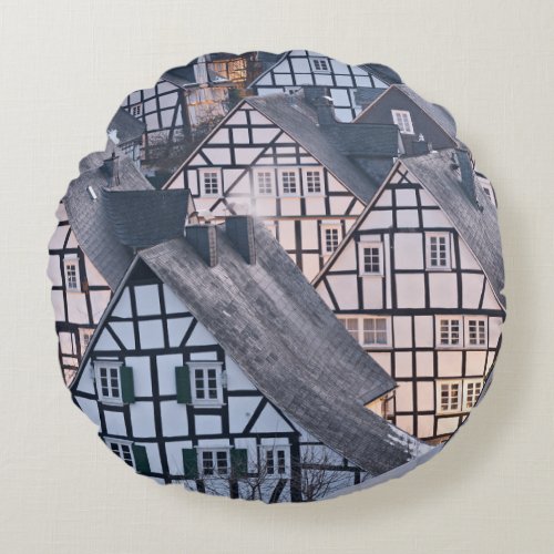 Half_timbered houses in Freudenberg Germany Round Pillow