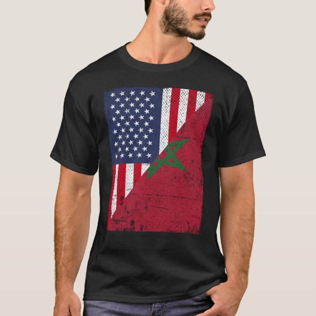 Half USA Flag Half Morocco Flag American Moroccan T-Shirt (Front)