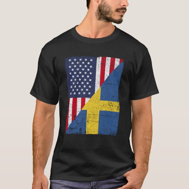 Half USA Flag Half Sweden Flag American Swedish T-Shirt (Front)