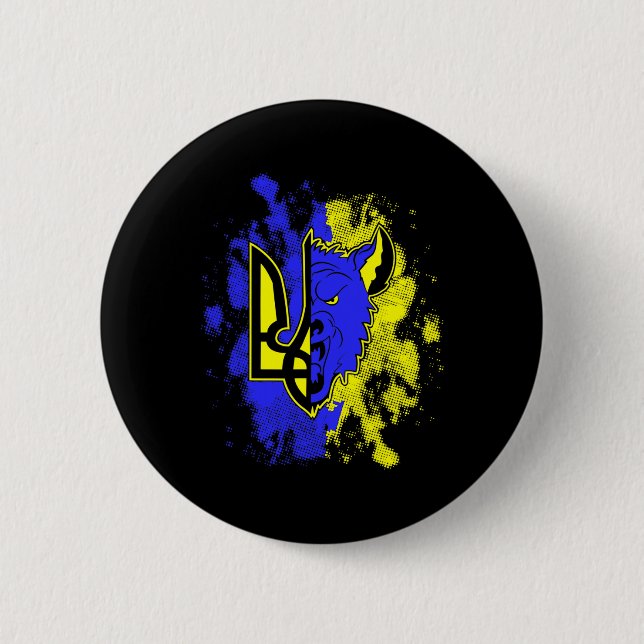 Half Wolf Half Ukraine Tryzub Ukrainian Symbol And Button (Front)