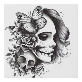 Half woman half skull faux canvas print