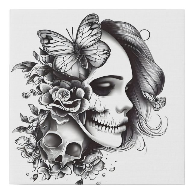 Half woman half skull faux canvas print (Front)