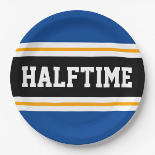 HALFTIME Blue Black White Orange Party Stripes Paper Plates