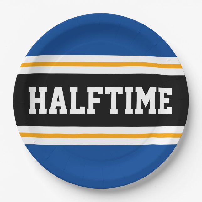 HALFTIME Blue Black White Orange Party Stripes Paper Plates (Front)