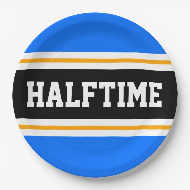 HALFTIME Bright Blue Black White Racing Stripes Paper Plates (Front)